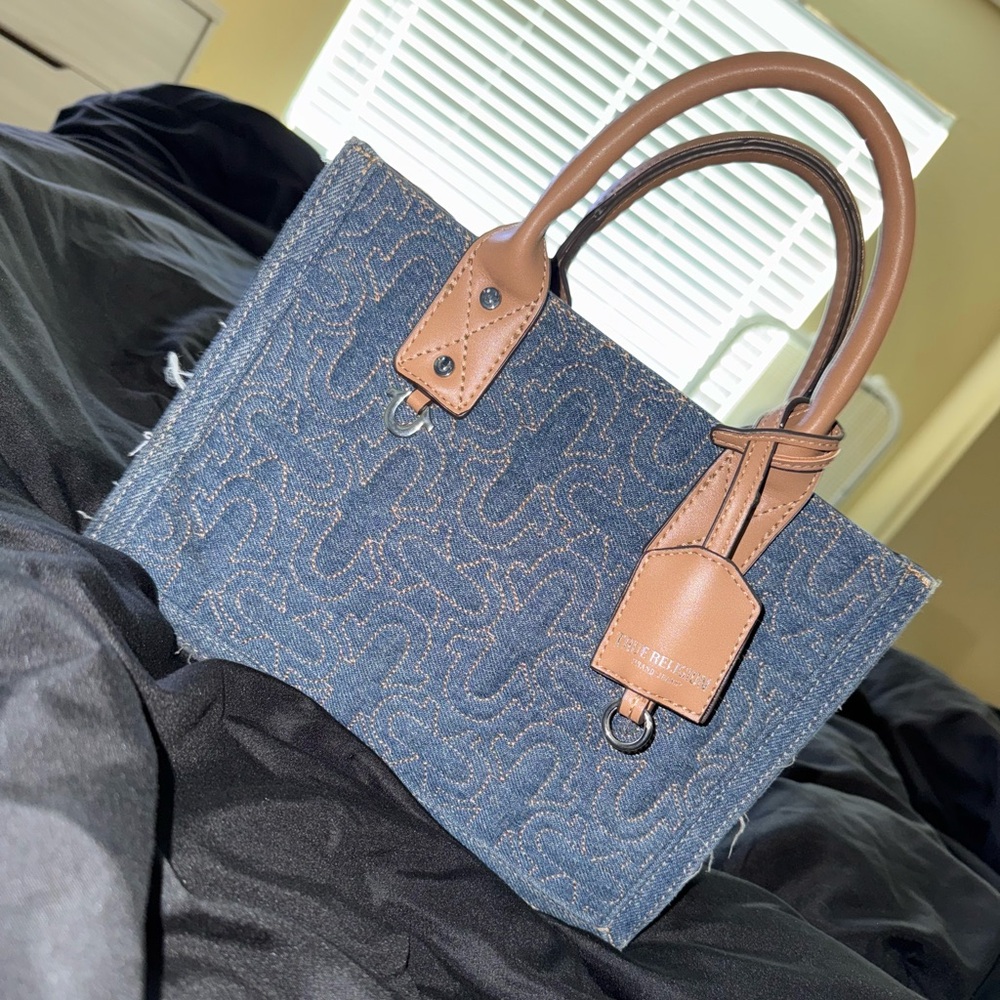 Elegant Denim Tote Bag with Tan Accents